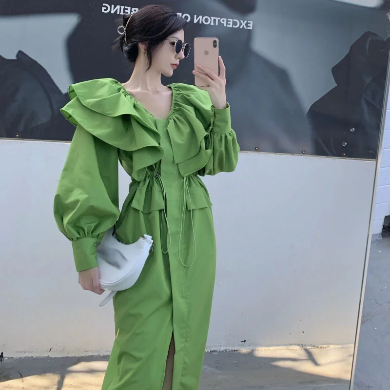 Модное милое платье с кулиской в виде листьев лотоса на талии Новинка 2021 Ранняя