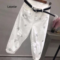spring autumn korea fashion women white jeans high waist vintage hole loose denim pants casual ankle length harem pants