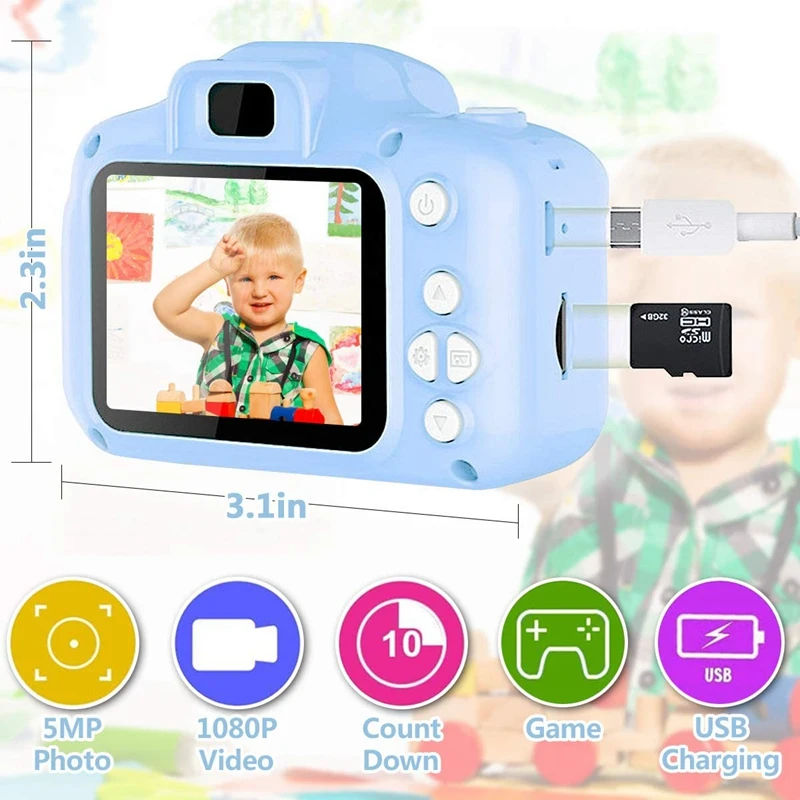 Kids Camera Selfie Camcorder 2.0 Inch IPS Screen with 32GB Card Children Christmas Birthday Gift |
