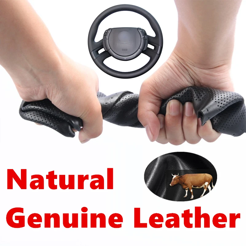 

Hand stitched Black Genuine Calfskin Leather Car Steering Wheel Cover Brown for Citroen C4 Picasso 2007-2013