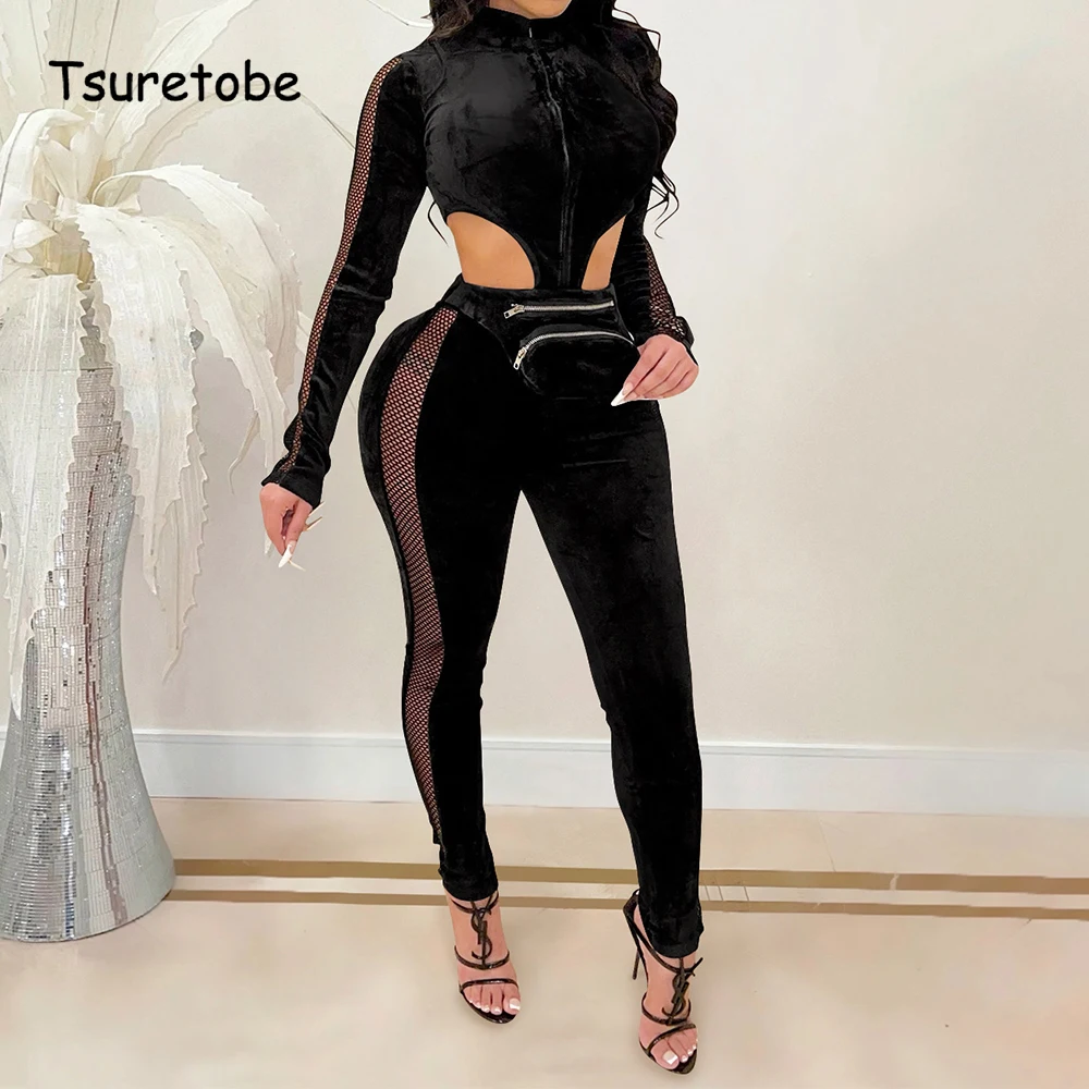 

Женский комбинезон на молнии Tsuretobe, с вырезами и длинным рукавом, модная облегающая одежда для ночного клуба, сексуальный слитный наряд