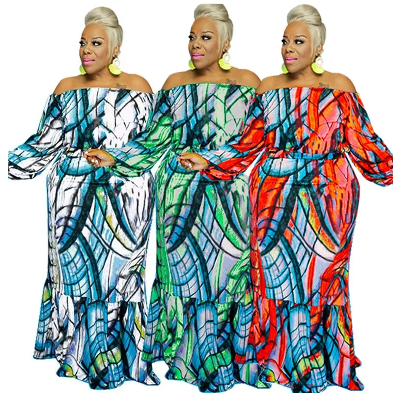 

Plus Size Skirts Suit Women Clothing Print Off Shoulder Long Sleeve Top Fashion Maxi Skirt Elegant Party Wholesale Dropshipping