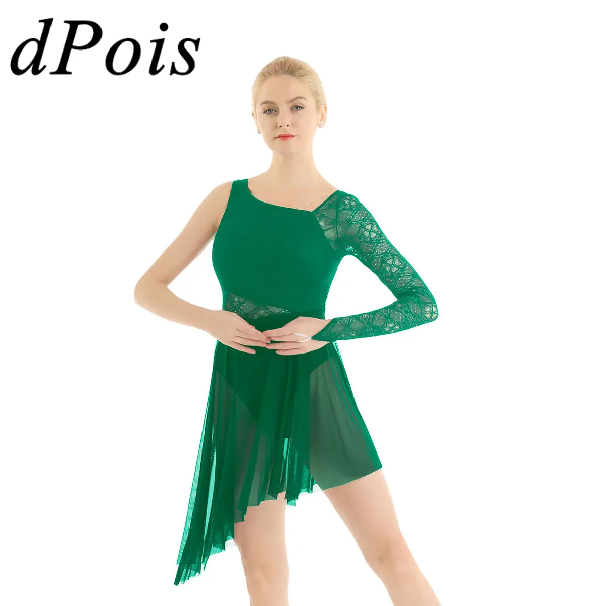 

Women Adults Lyrical Ballet Dance Dress Fingertip Long Sleeve Lace Bodice Asymmetric Gymnastics Leotard Contemporary Mesh Skirt