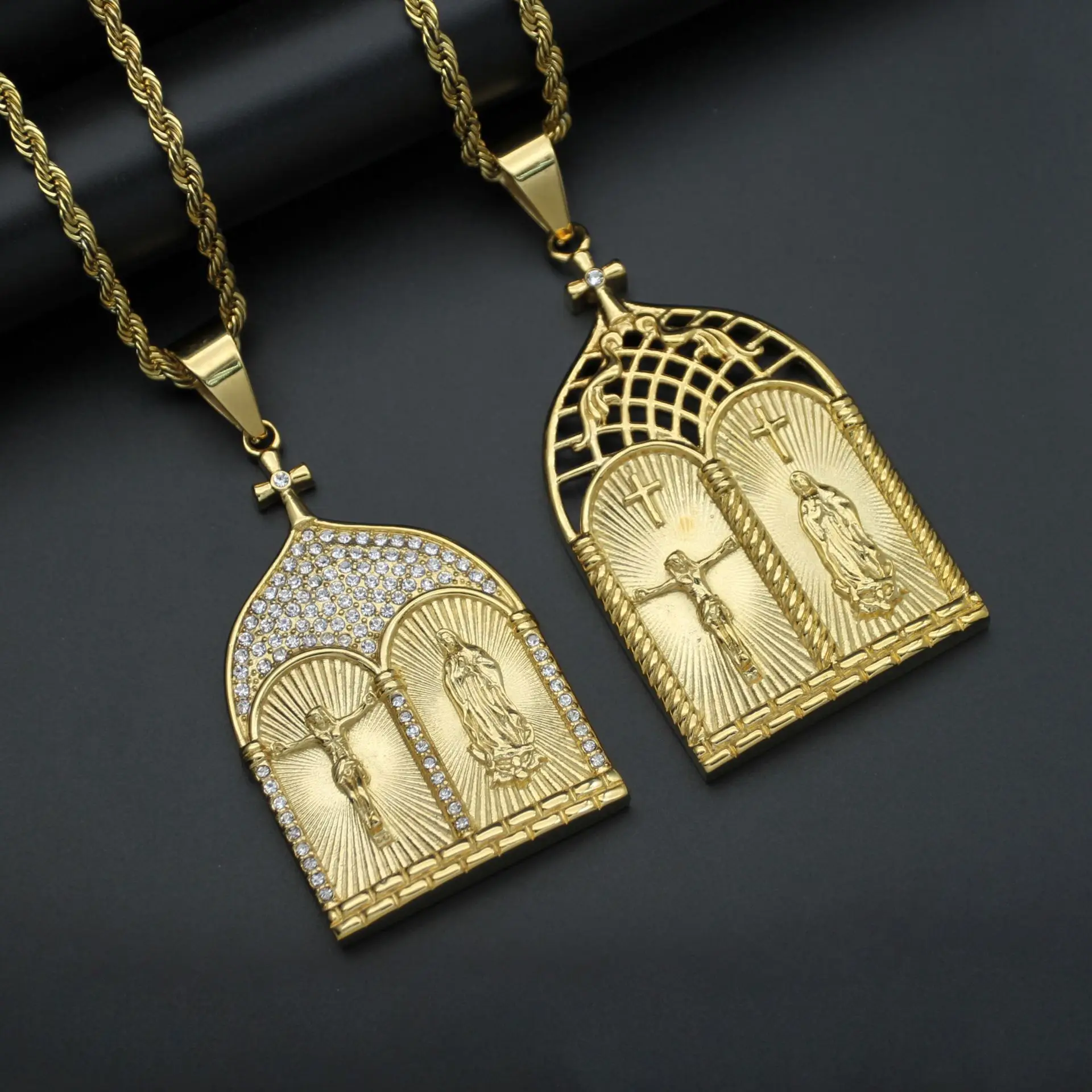 

Hiphop Crucifix Virgin Mary Pendant & Chain Iced Out Gold Color Jesus Cross Necklace For Women Men Religious Christian Jewelry