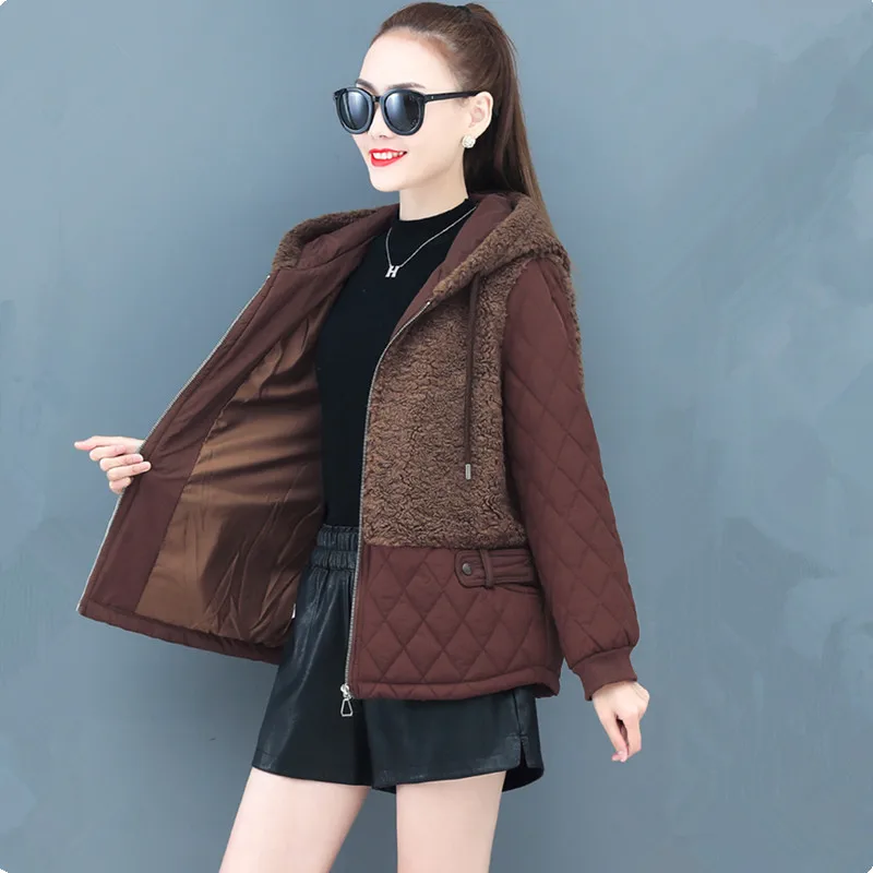

UHYTGF Warm Oversized Cotton Coat Women Fashion Lambswool Hooded Stitching Winter Jacket Korean Loose Thicken Parker Female 1162