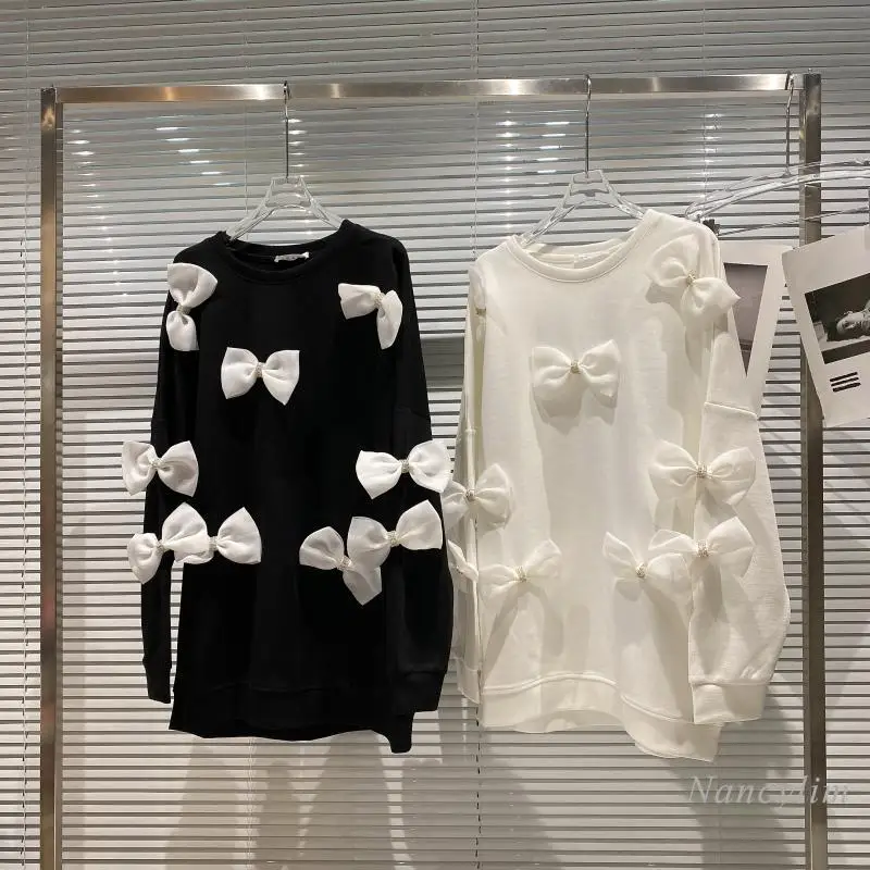 

Женская хлопковая толстовка с круглым вырезом, черно-белая свободная толстовка с трехмерным бантом, осень 2021