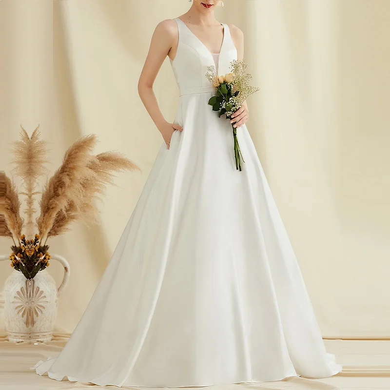 

Women's wedding dress Plus size V neck sleeveless beading satin bridal Muslim wedding gown sexy wedding dress custom made