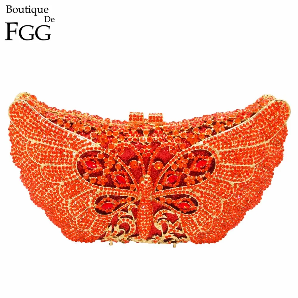 Boutique De FGG Оранжевая бабочка женские вечерние сумочки клатчи со стразами