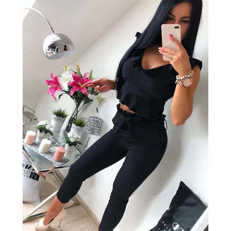 

Summer Tracksuit Two Piece Set Solid V-Neck Sleeveless Ruffles Pullover Crop Top And Pants Suit Clothes Woman Chandal Mujer Ropa