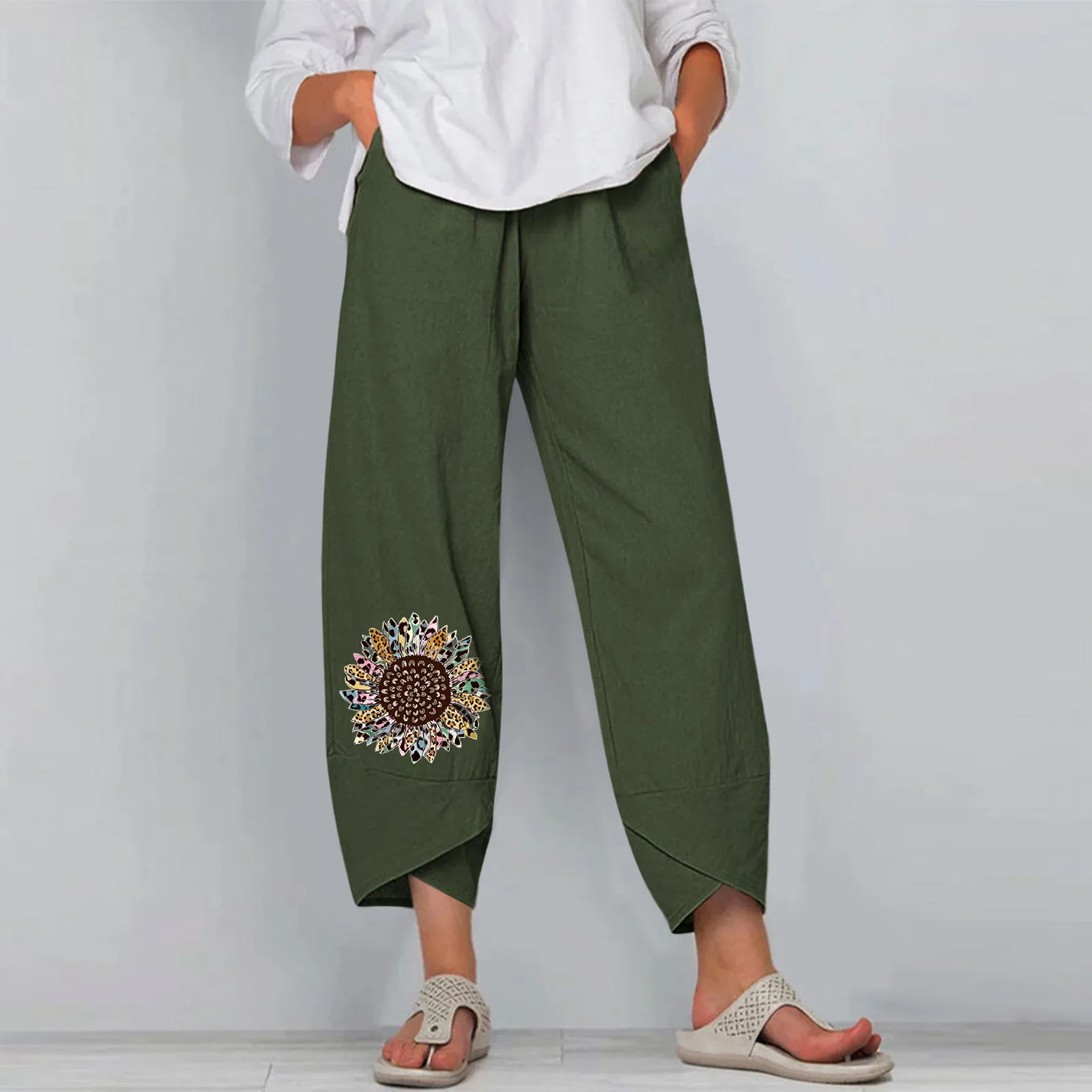 

Casual Pants Women's Summer Casual Loose Cotton And Linen Embroidered Wide-leg Pants