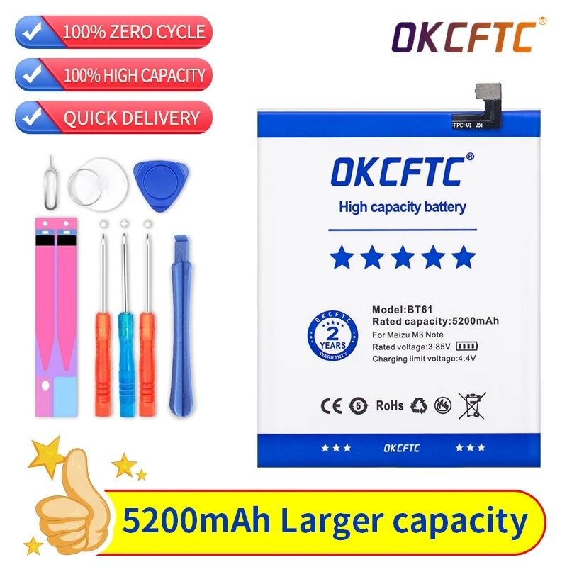 

OKCFTC BT61 5200mAh Lithium Rechargeable Phone Battery For Meizu M3 Note M681H M681Q M681 Note 3 L681H L681 L-version Versio