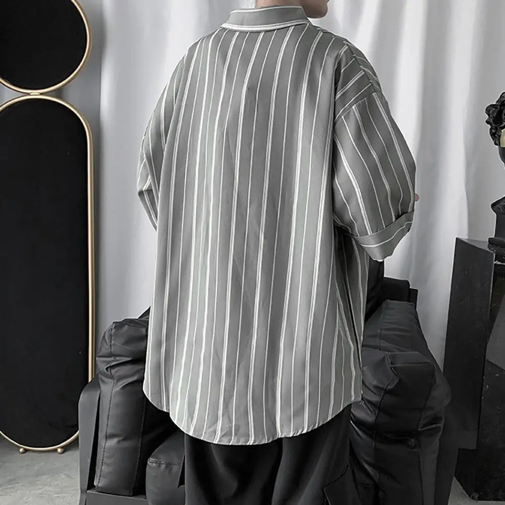 

Mens Blouse Short Sleeve Tooling Shirt Buttons Summer Solid Striped Harajuku Turn-Down Collar Casual Loose Shirts Tee Tops