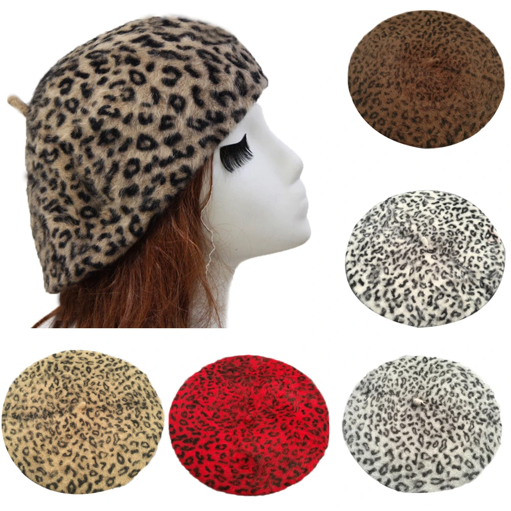 

2021 Winter Chic Women Fuzzy Rabbit Hair Leopard Berets Warm Cozy Animal Printed Rabbit Hair Knitted Hats