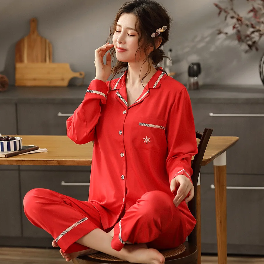

2pcs New Style Pajama Suit Couple Spring Autumn Long-sleeved Two-piece Suit Black Thin Home Service Silky Satin Rayon Suit