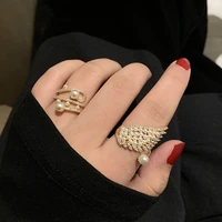 minar luxury sparkly cubic zirconia wing ring for women exquisite simulation pearl open adjustable index finger ring jewellery