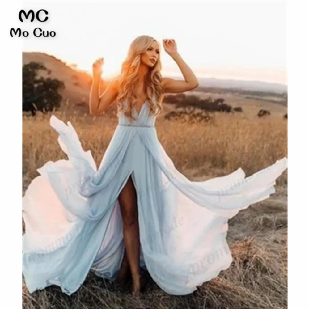 

Charming 2021 A Line Evening Prom Dresses Deep V-Neck Chiffon Spaghetti Straps Front Slit Prom Dress Women Evening Dresses