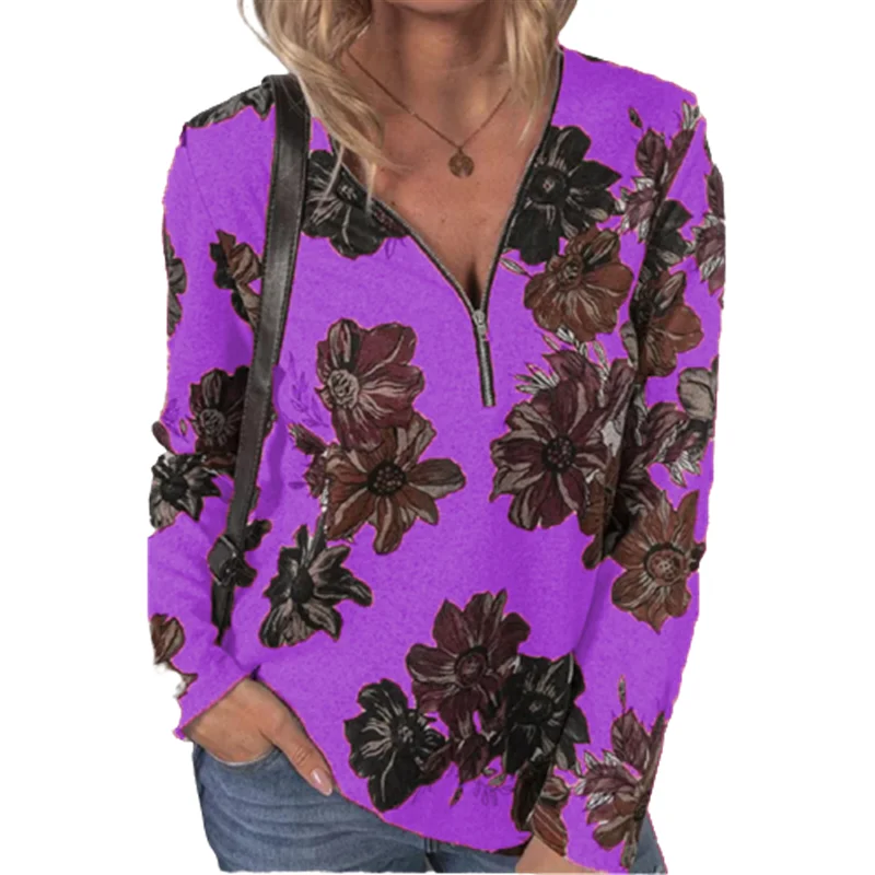 

2021 Autumn and Winter Casual Zipper Pullover Printing Long-Sleeved Loose Plus Size T-Shirt Women's Top