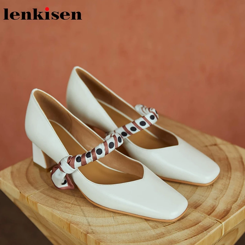 

Lenkisen 2021 new genuine leather square toe high heels riband French romantic young lady beauty lady slip on women pumps L86