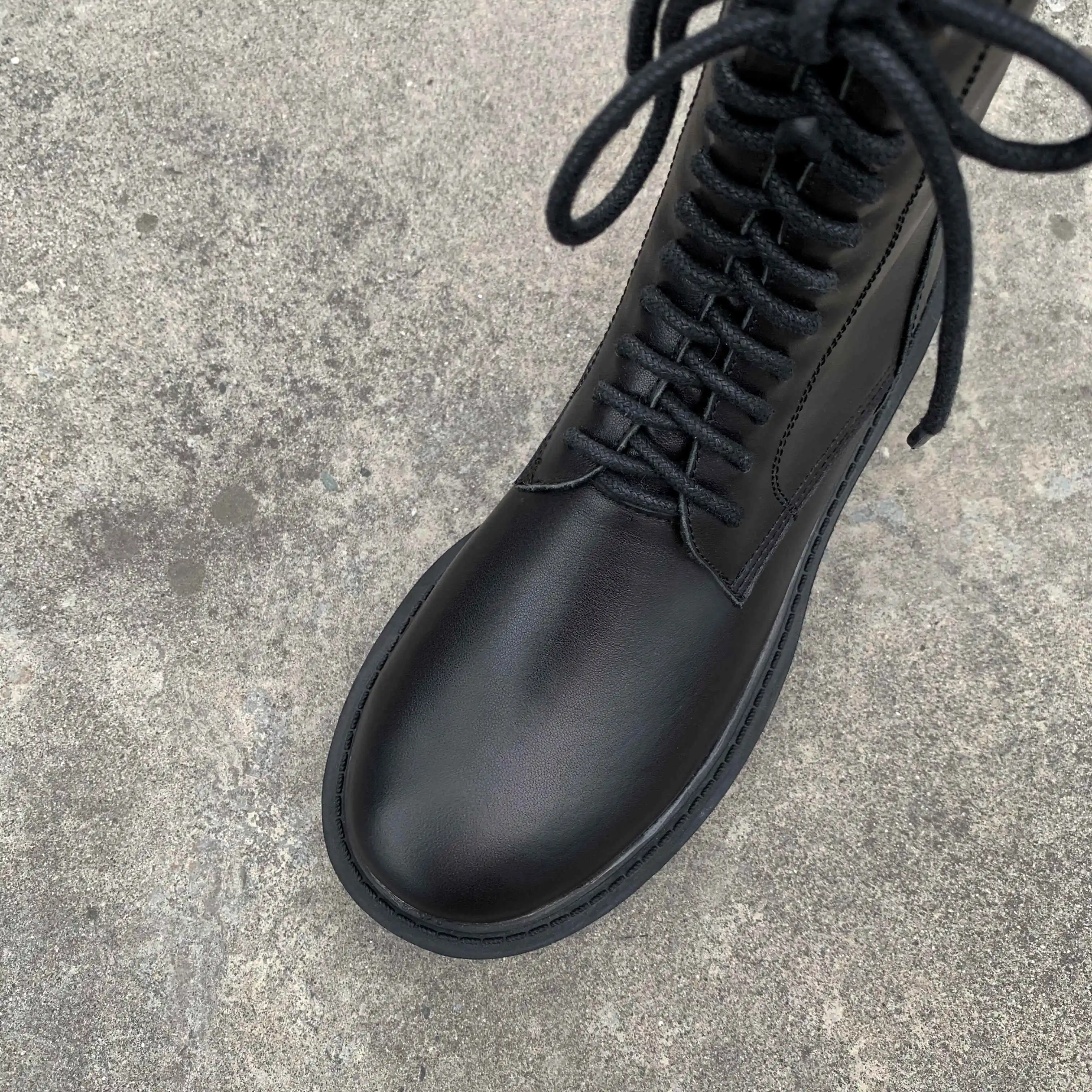 

Lenkisen genuine leather cross-tied high quality european thick med heel round toe zipper classic colors cozy mid-calf boots L56