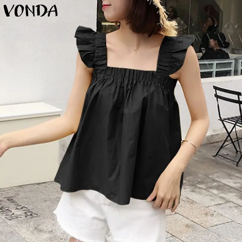 

Женские праздничные топы, пикантная кружевная однотонная блузка без рукавов 2021 VONDA, повседневные плиссированные топы, мини-топ с оборками, П...