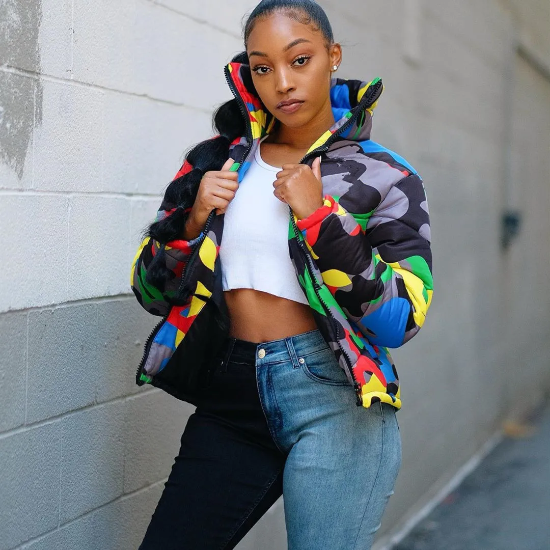 

Зимние женские короткие парки с высоким воротником и длинным рукавом, пальто на молнии с камуфляжным принтом, верхняя одежда для улицы, женс...