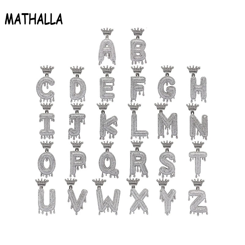

MATHALLA A-Z 26 Alphabet Iced Out Zircon Crown Dripping Initial Letter Pendant Custom Bubble Name Necklace Men's Hip Hop Jewelry