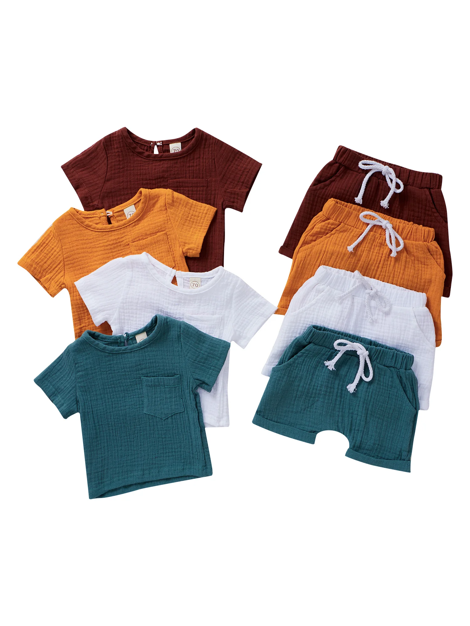 

Baby's Solid Color Cotton Linen 2Pcs Suit, Short Sleeve Round Neck T-shirt with Elasctic Shorts for Daily/Home Wear