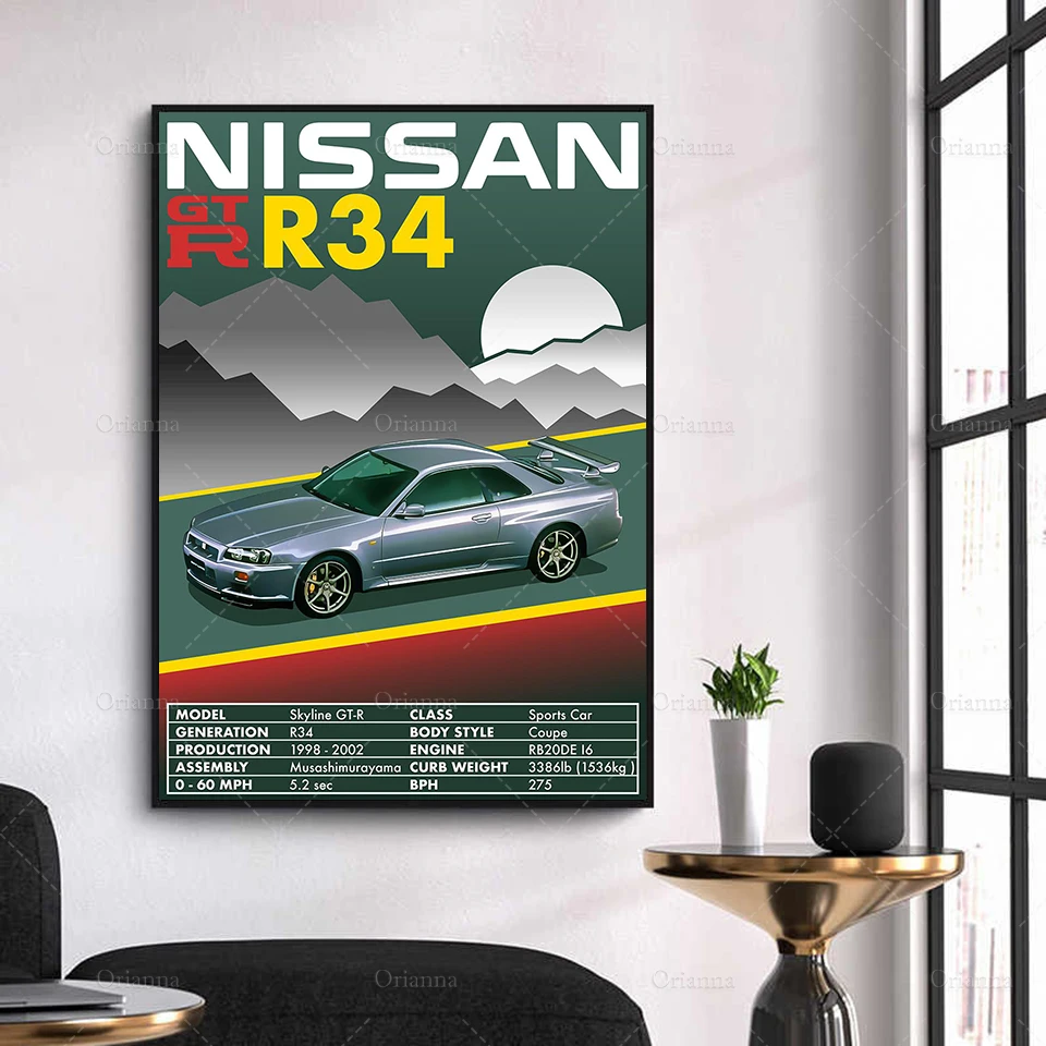 

Modern Home Decor Retro Vintage Classic Car GT R34 Canvas Painting Poster Wall Art Prints Modular Picture for Living Room
