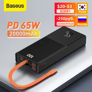 baseus 65w power bank 20000mah with type c two way cable external battery for phone and notebook three port fast charging free global shipping