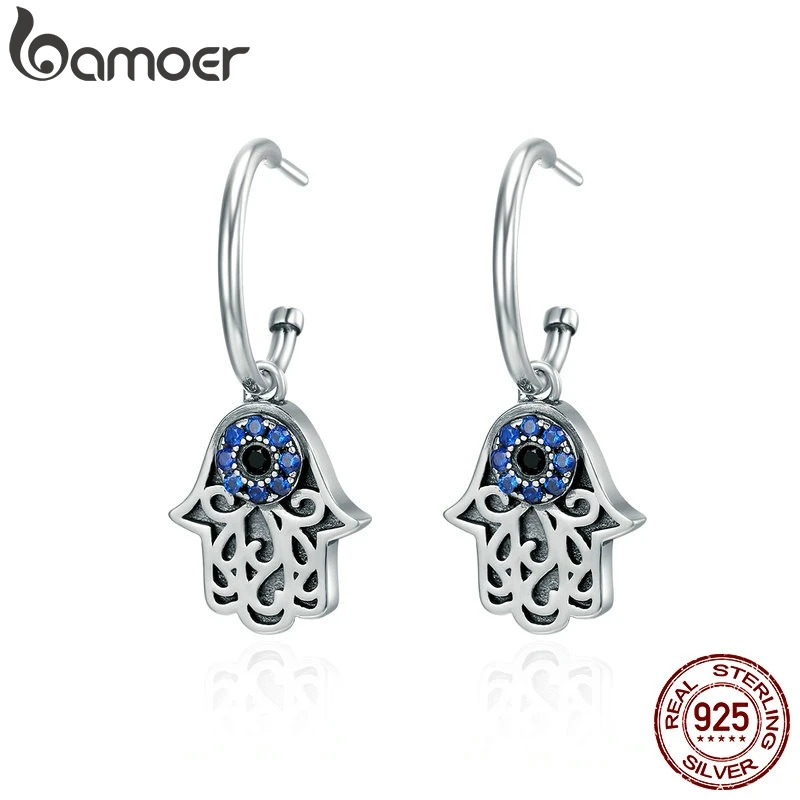 BAMOER,, 925 пробы, серебро, Лаки, Хамса, рука, круглые серьги-кольца для женщин, модные ювелирные изделия из стерлингового серебра SCE244