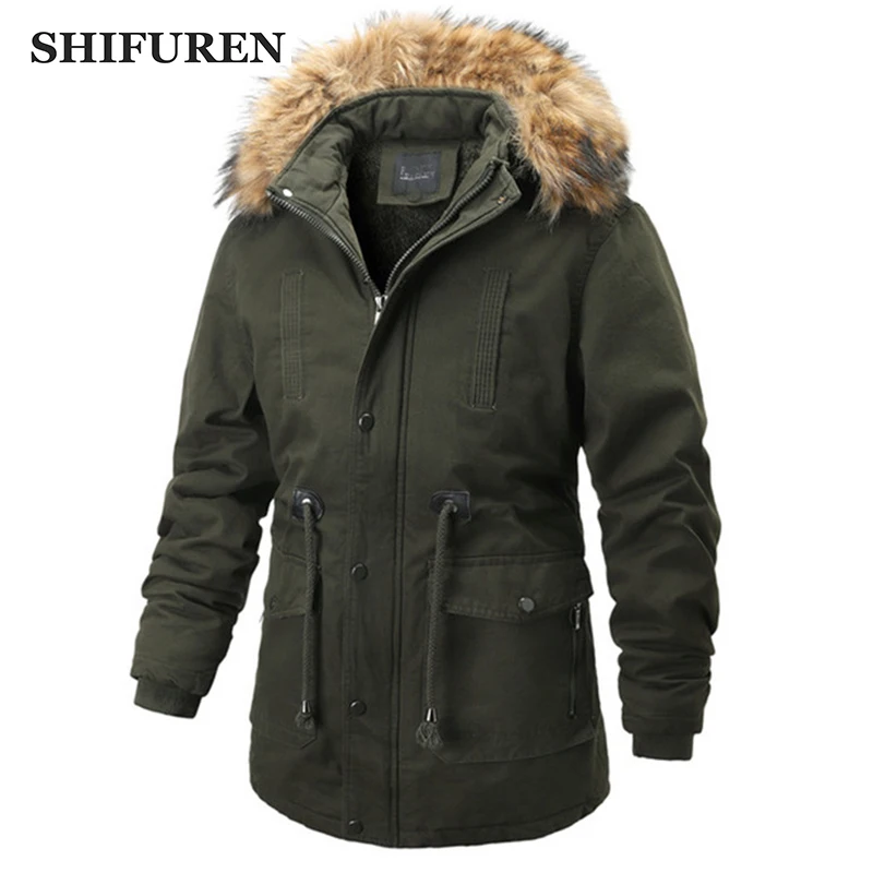 SHIFUREN Winter Fleece Outwear Thick Parka Mens Big Pockets Medium-long Warm Cotton Padded Coat Causal Overcoat Size S-3XL