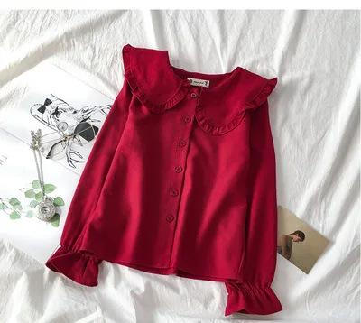 Женские рубашки в Корейском стиле модные блузки с воротником Питер Пэн топы