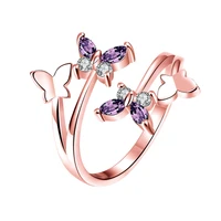 2021 new fashion temperament butterfly love flower plated silver amethyst bow adjustable ring women elegance jewelry wholesale