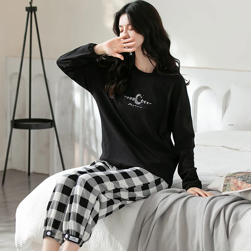 

Spring Autumn New Women 2PCS Pajama Sets Casual Cotton Comfort Sleepwear Loose Nightwear Black T-shirt Plaid Pant Home Clothes