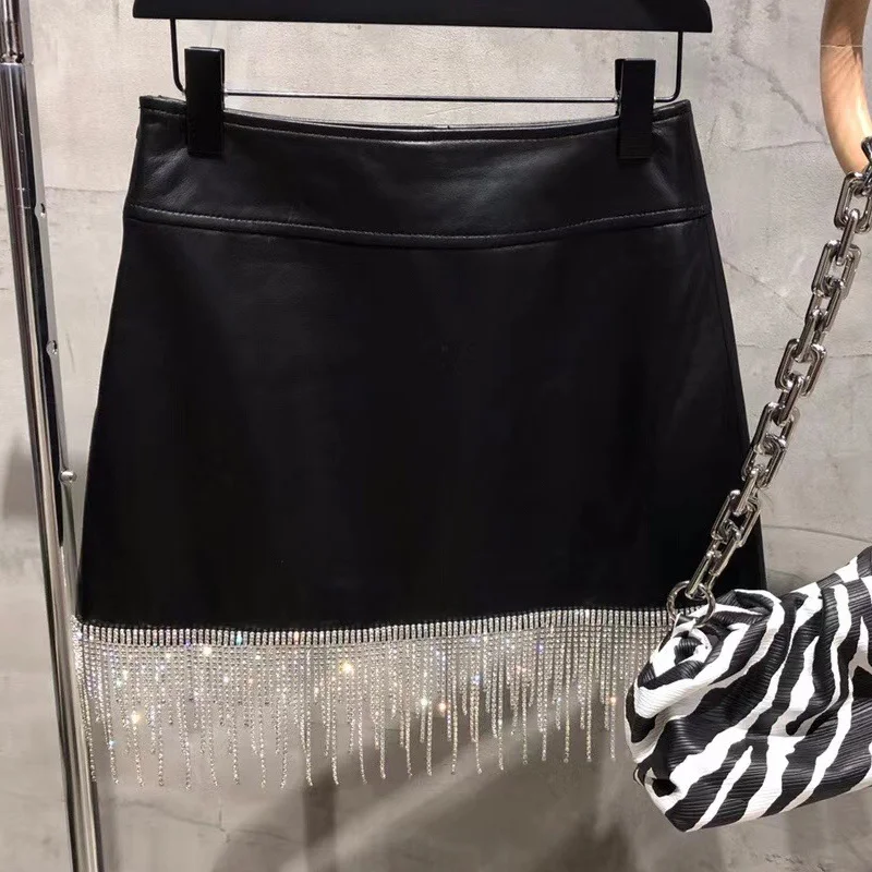 

SHZQ Ladies Genuine Leather Skirt Women Real Lambskin Skirt Real Sheep Leather Skirt