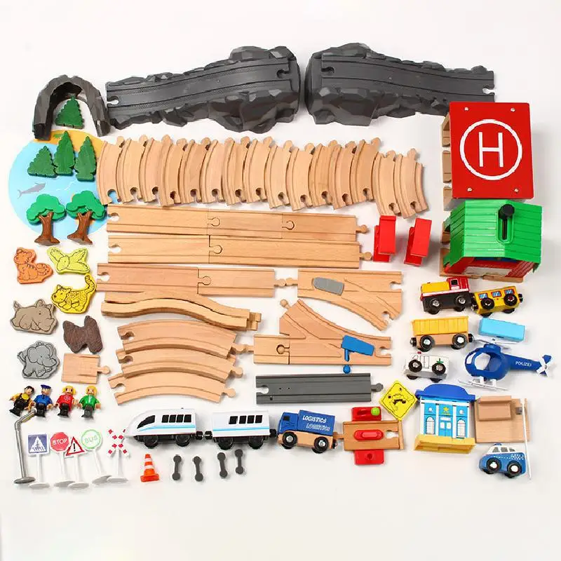 79PCS Wooden Railway Train Track Suit Montessori Fishing Scene Slot Car Parking Airport Garage Circuit Voiture Toys for Children | Игрушки и