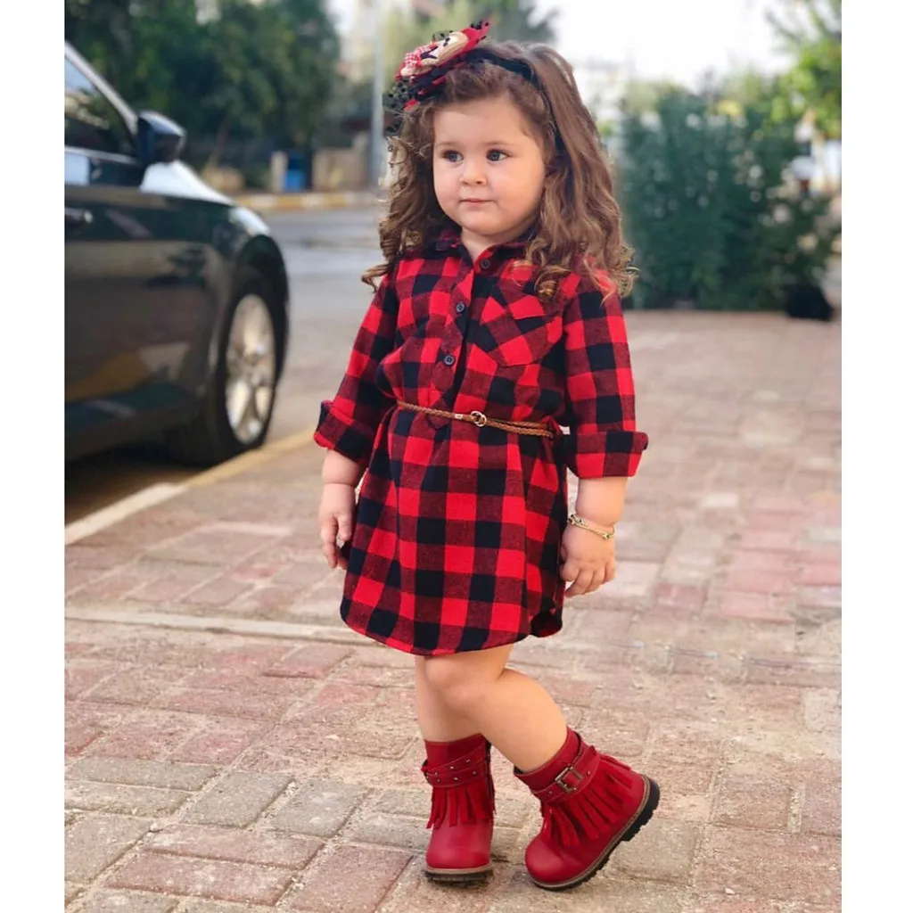 2019 г. платья принцессы в клетку для маленьких девочек одежда с поясом Одежда