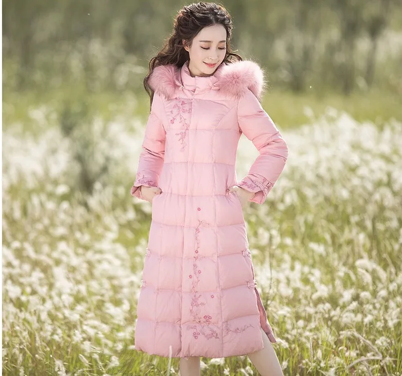 

New Autumn Winter Vintage Women Parkas Medium-long Flower Embroidery Hooded Jackets with Fur Collar Female Pink Down Coats