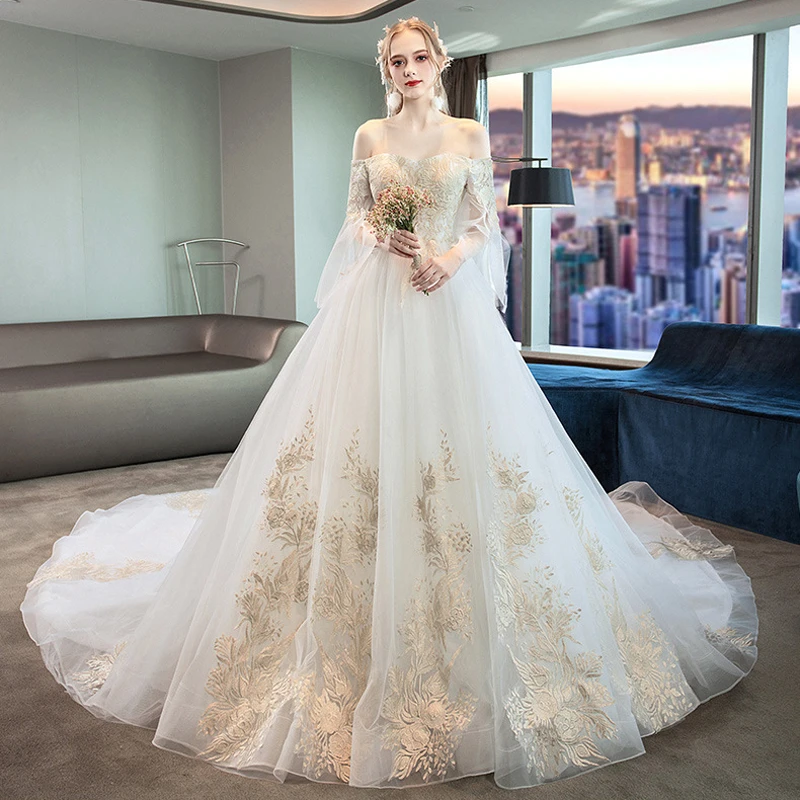 Роскошные кружевные свадебные платья с вышивкой 2021 длинный шлейф 100 см Белый/цвет