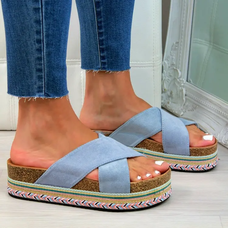 

Flock Shoes Med House Slippers Platform Slides Fashion Slipers Women Summer Flat Luxury 2021 PU Fabric Rubber Basic Fretwork