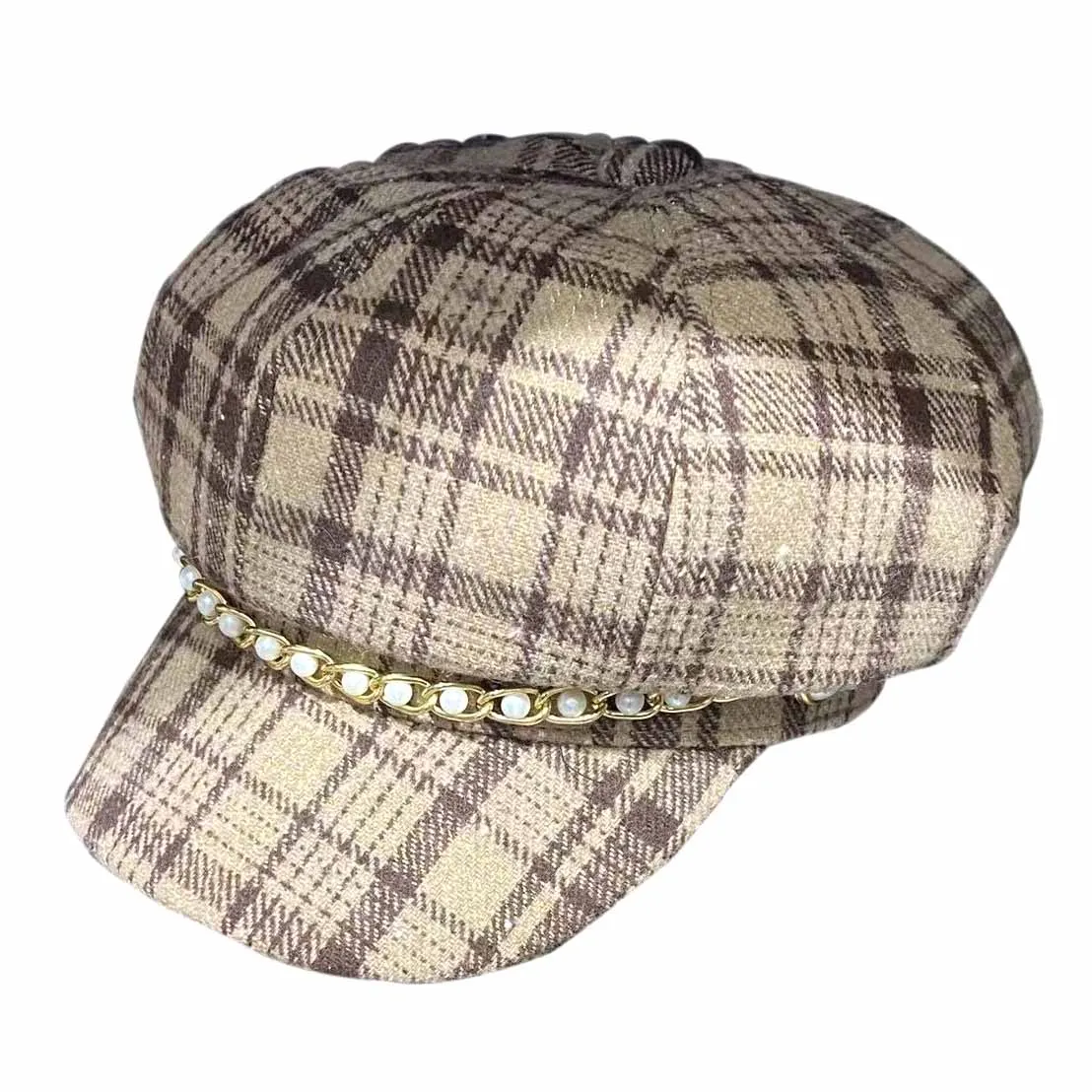 

2021 Autumn New Fashion Newsboy Hat For Women Vintage Plaid Cap Pearls Chain Scottish Tartan Pattern Chapeau Octogonal Retro