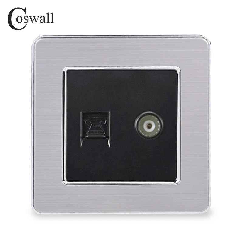 COSWALL RJ11 2 ядра телефонный разъем с женский ТВ Джек Нержавеющая сталь матовая панель розетка