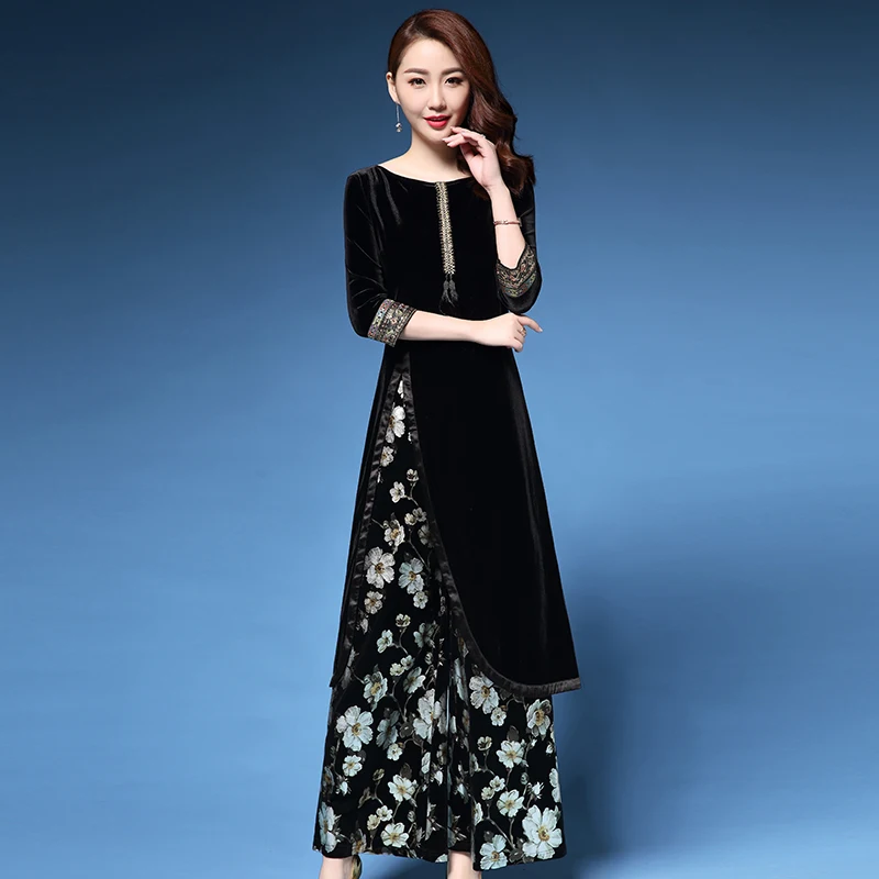 

Goddess Velvet Suit Women Wide Leg Pants Floral Ensemble Pantalon Et Haut Femme Luxury 2 Piece Set Two Piece Set Top And Pants