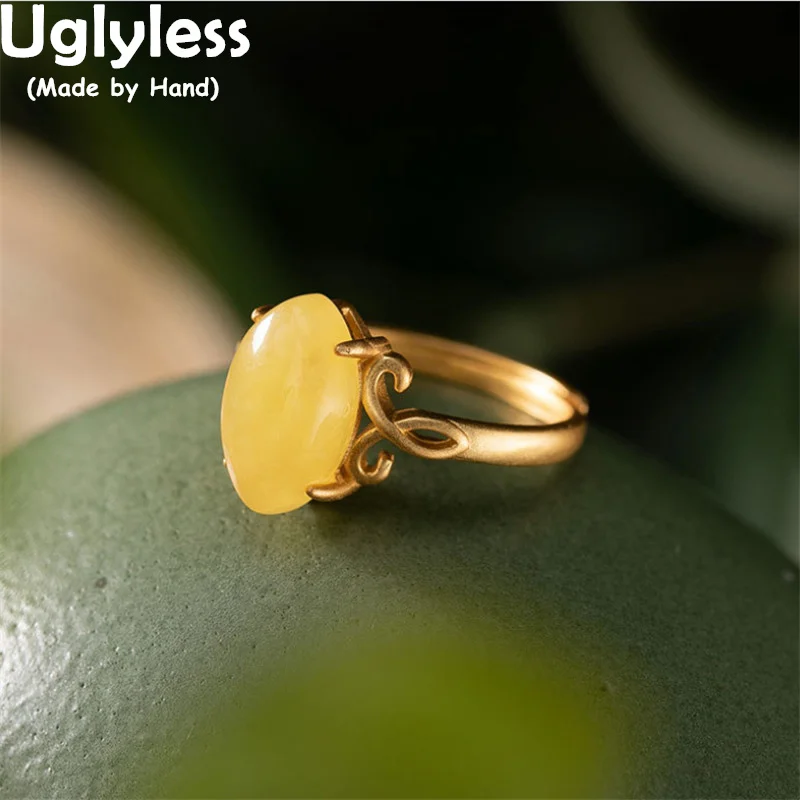 

Uglyless Natural Chicken Oil Amber Beeswax Rings for Women Gold Vines Exotic jewelry 925 Silver Gemstone Rings Gold Retro Bijoux