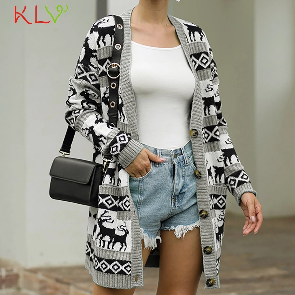 Рождественская Женская куртка с принтом оленя вязаный свитер длинный кардиган