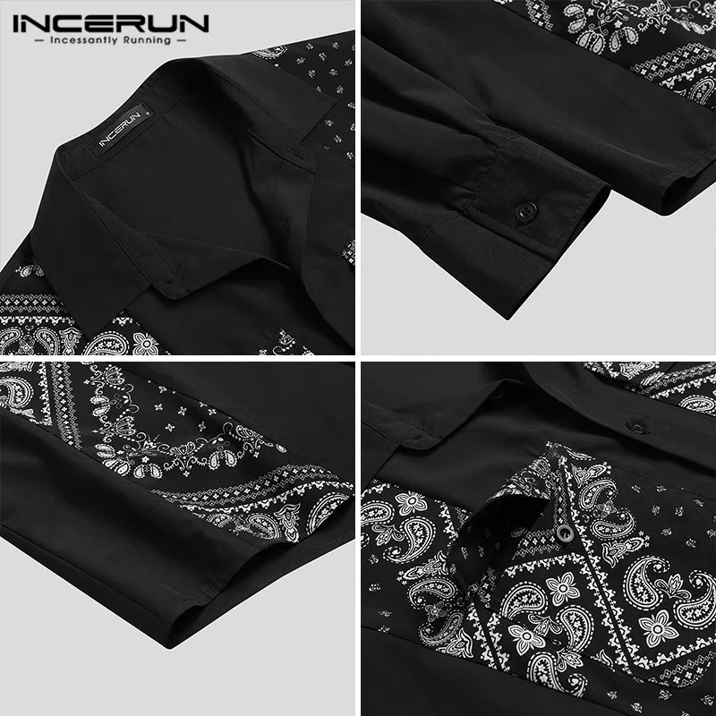 

Men Patchwork Shirts INCERUN Fashion Printed Long Sleeve Camisa Spring Men Turn Down Collar Loose Floral Blouse Streetwear S-5XL