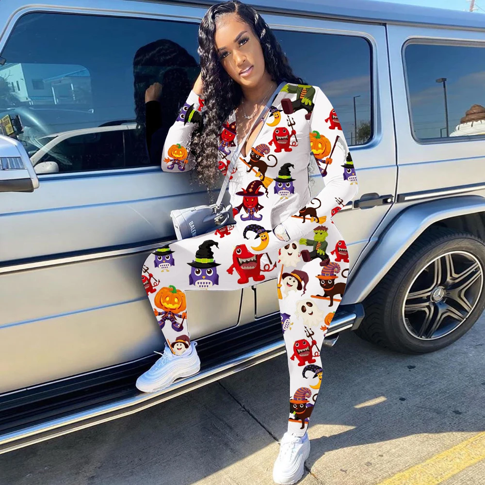 

Christmas Halloween Style Two Piece Set Tracksuit for Women Zipper Front Long Sleeve Jackets and Slim Fit Sheath Legging Outfit