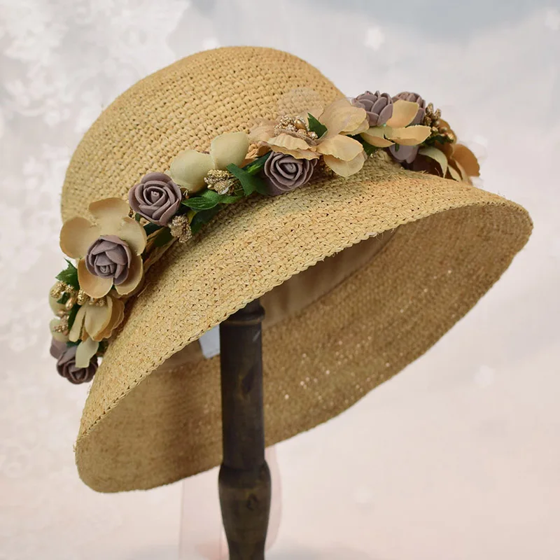 Женская соломенная шляпка из рафии пляжная шляпа с широкими полями SWDS018 летняя 2019