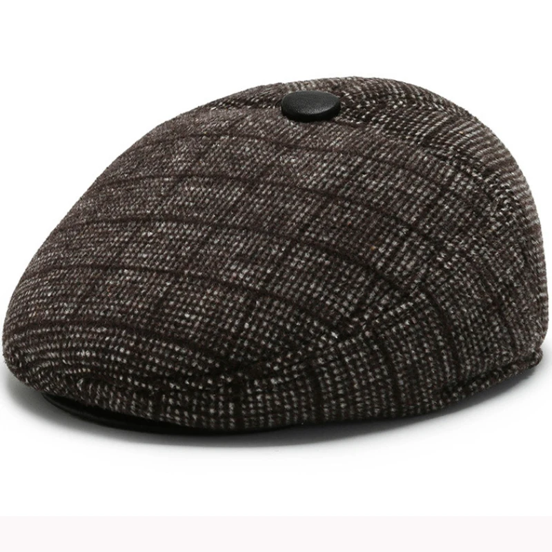 

HT3253 Berets Men Ivy Newsboy Flat Cap Male Plaid Earflap Beret Hat Thick Warm Winter Wool Hat Father Grandfather Beret Cap Men