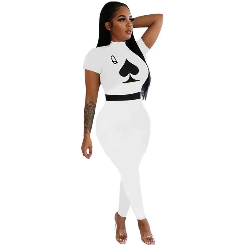 

turtleneck Short Sleeve Jumpsuits 2020 Summer Autumn Women Poker-card Print Fitted Slim Rompers Skinny Red/Blue/White Outfits